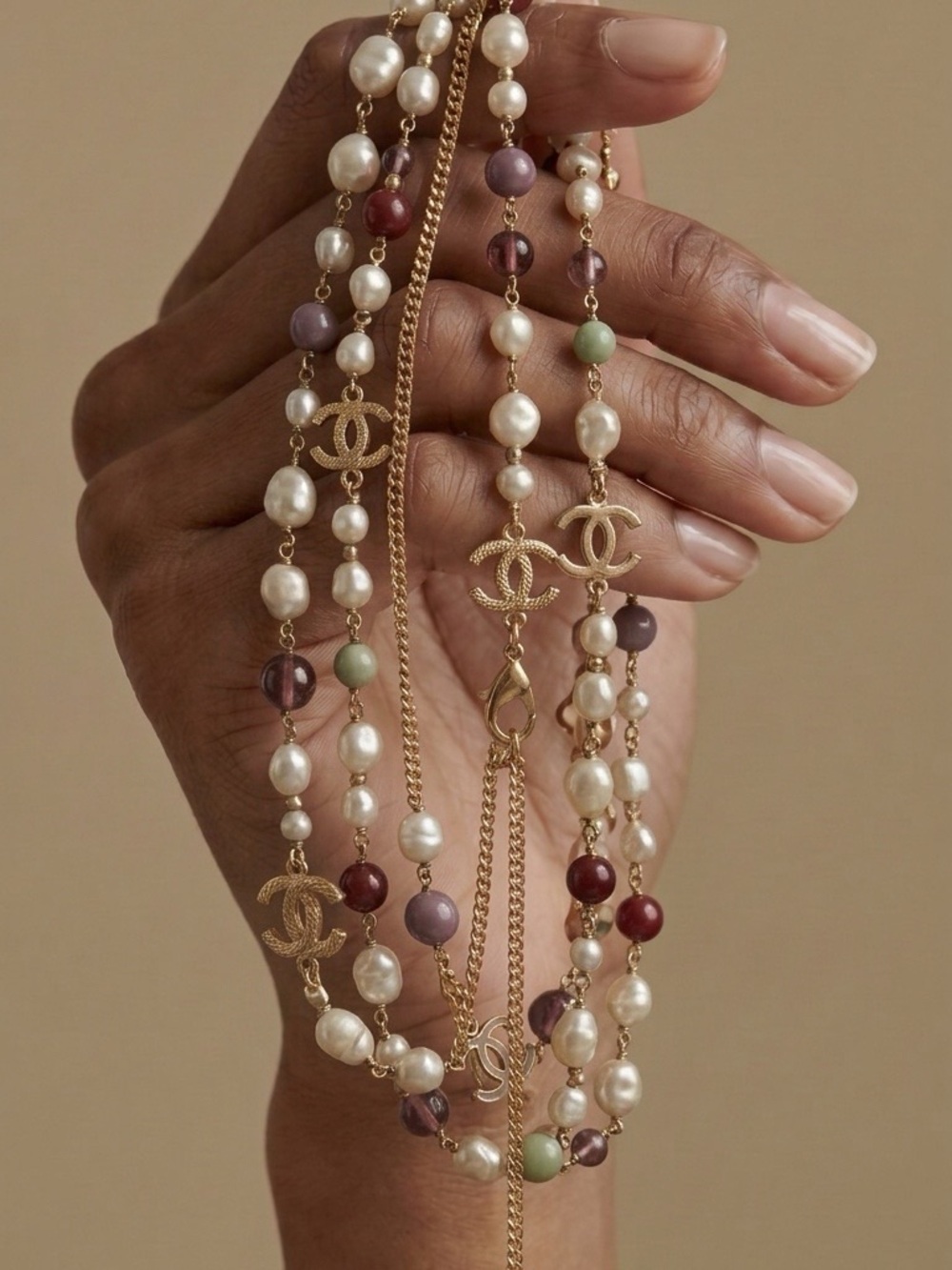 CHANEL Multi-Color Pearl and CC Logo Long Necklace